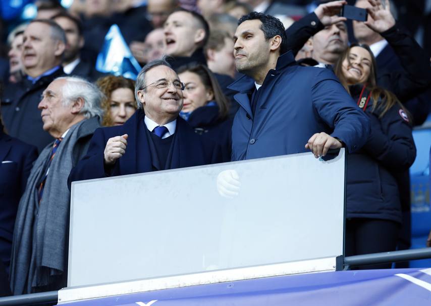 Florentino Perez e Khaldoon Al Mubarak in tribuna: i due presidenti vedrano la partita l&#39;uno accanto all&#39;altro. Reuters